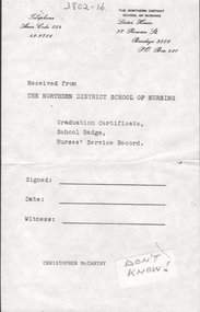 Document - NDSN - unused NDSN proforma receipt for graduation certificate, school badge and Nurses' Service Record, 1989
