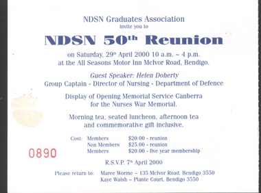 Document - NDSN - invitation to NDSN 50th Reunion on Saturday 29th April 2000, 1989