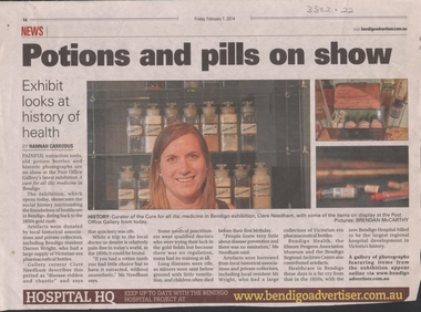 Newspaper - NDSN - newspaper article titled "Potions and Pills on Show" at the Bendigo Post Office, Bendigo Advertiser Friday 7 February 2014, 1989