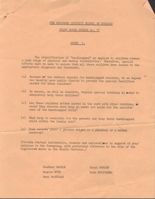Document - NDSN - one-page NDSN Nurse Course No 17, Group 1- the classification of "handicapped" as it applies to children, 1989