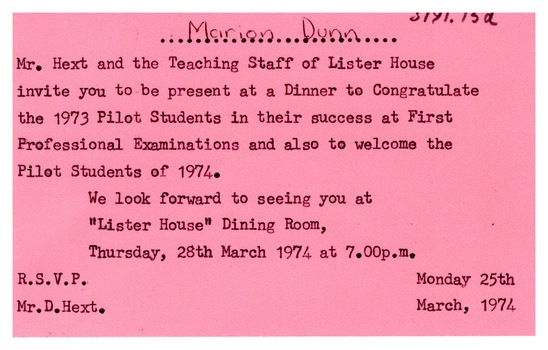 Invitation to a dinner to congratulate the 1973 pilot students in their examination successes