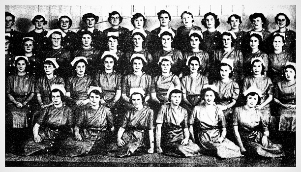 From the article black and white photo of the first group of general nurses ever to be trained at the Northern District School of Nursing