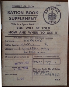 Booklet, Ration Book:  William R Herring July 1941ment