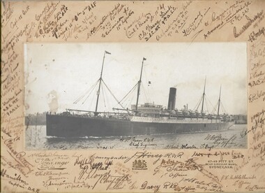 Photograph Troop Ship RN, Unknown Troop Ship RN WW2 with crew autographs