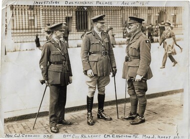 Photograph - Investiture Buckingham Palace Aug 10th 1918, Investiture Buckingham Palace Aug 10th 1918 [C J Goodard DSO Brig  Gen R L Leane C M C DSO & Bar MC Maj J Hardy DSO]