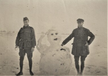 Photograph - Photographs: 130 Myself and Jack Walkley & Two men with a snow man [unmarked] cc. 1914-1918', 130 Myself and Jack Walkley round the Aussie snow balling