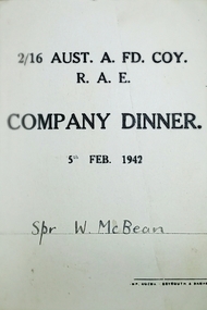 Pamphlet - Pamphlet  Menu, 2/16 Fld  Coy RAE Company Dinner