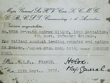 Citaion: Pvt a Wilson, Division Congratulations Certificate Sept 19 Pvt a Wilson