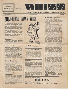 News Papar:, WHIZZ: 14th Battalion Vol 1 no 4 August 1942 " Melbourne news wire"