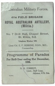 Document:, Programme of Drills 30th June 1938, Programme of Drills 31st Dec 1938, Programme of Parades 31 Dec 1937, Programme of Parades 31 Dec 1936