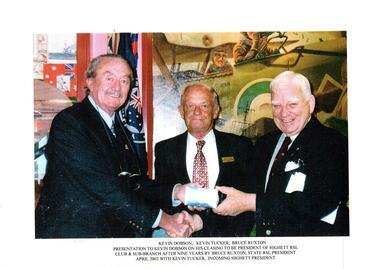 Photograph: Printed:, Kevin Dobson, Kevin Tucker and Bruce Ruxton. At the Highett RSL club rooms, April 2002
