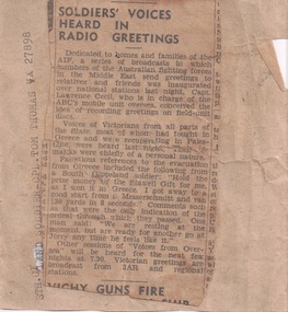 Newspaper Clipping, Soldiers' Voices Heard in Radio Greetings, WWII era