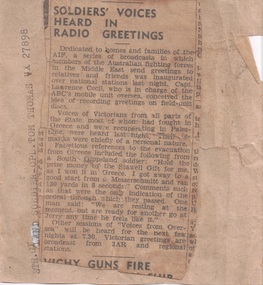 Work on paper - Newspaper Clipping, Soldiers' Voices Heard in Radio Greetings, WWII era