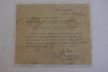 Letter, First ANZAC CORPS 1917, 8 March 1917