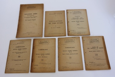 Booklet - Military Training Pamphlets, Victorian Railways Printing Works, Japanese Army, Notes on the training of snipers,Camouflage No 46 Part 2: Field Defences, Camouflage No 46 Part 4: Vehicles, wheeled and tracked, Camouflage No 4 Part 1: General Principles: Equipment and Materials (all arms), Training in Field craft and Elementary Tactics No33 1940, Navigation by the Stars, 1940/41/42