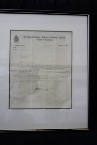 Document - Framed letter of thanks, The Returned, Sailors', Soldiers' & Airmen's Imperial League of Australia, unknown