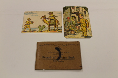 Army book and 2 x postcards, Unknown