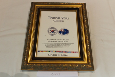 Certificate - Wooden framed document, Thank You Australia, Republic Of Korea, ca.2010