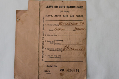 Document - Leave Or Duty Ration Card, c. 1940's