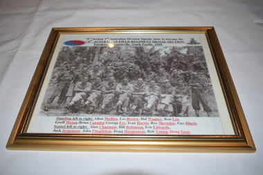 Photograph - Framed photo, "F" Section 3rd. Australian Division Signals, later to become the "4th" AUSTRALIAN FIELD REGIMENT SIGNAL SECTION. Torokina. Bougainville, South Pacific. 1945, 06/07/2021