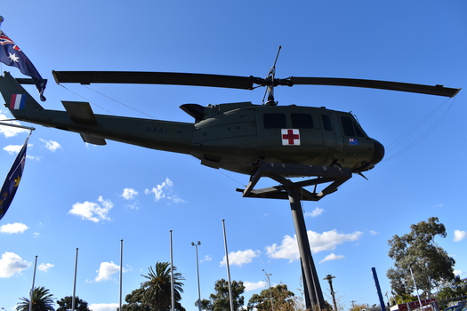 " Dustoff " shown mounted outside Dandenong RSL. Iroquois UH - 11v.
Image depicts the helicopter at
RSL.

