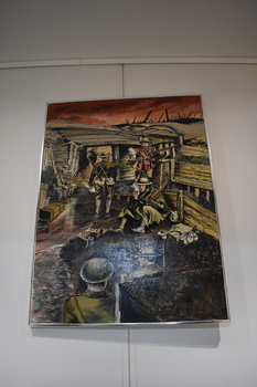 Depicts image of soldiers in the trenches during war.
