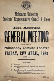 Flyer, Melbourne University Students' Representative Council and Union Annual General Meeting, 1928