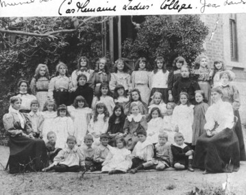 Castlemaine Ladies College whole school photograph posing in front of the classroom building on Barkers Road Castlemaine.