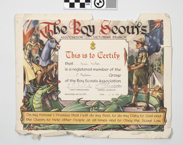 Certificate - Boy Scout Registration, The Boy Scouts Association Victorian Branch, February 1958