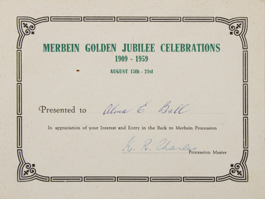 Certificate - Certificate of Appreciation, Merbein Golden Jubilee Celebrations, 1959