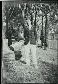 Photograph, James Crosbie and horse at picnic at Merbein sandbar, unknown