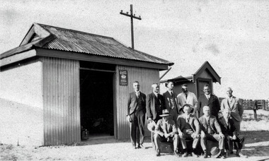 Photograph, Men outside Merbein Railway Station, unknown