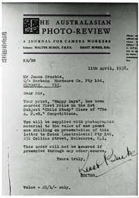 Photograph, The Australasian Photo Review  (Letter), 1938