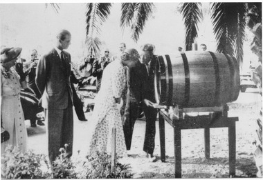 Photograph, Queen Eliz. Viewing Mildara Sherry Cask(Barclays-Red Cliffs), 1954
