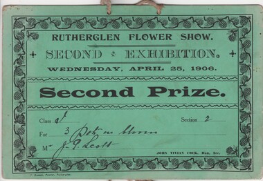 Certificate - Prize Certificate Rutherglen Flower Show, 1906 (Exact)