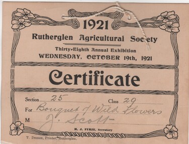Certificate - Prize Certificate Rutherglen Agricultural Society, 1921 (Exact)