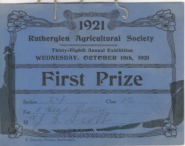Certificate - Prize Certificate Rutherglen Agricultural Society, 1921 (Exact)