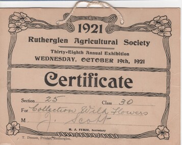 Certificate - Prize Certificate Rutherglen Agricultural Society, 1921 (Exact)