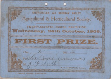 Certificate - Prize Certificate Rutherglen and Murray Valley Agricultural & Horticulture Society, 1906 (Exact)