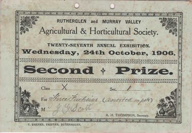 Certificate - Prize Certificate Rutherglen and Murray Valley Agricultural & Horticulture Society, 1906 (Exact)