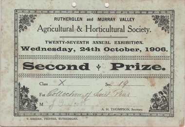 Certificate - Prize Certificate Rutherglen and Murray Valley Agricultural & Horticulture Society, 1906 (Exact)