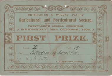 Certificate - Prize Certificate Rutherglen and Murray Valley Agricultural & Horticulture Society, 1908 (Exact)