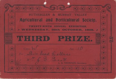 Certificate - Prize Certificate Rutherglen and Murray Valley Agricultural & Horticulture Society, 1908 (Exact)