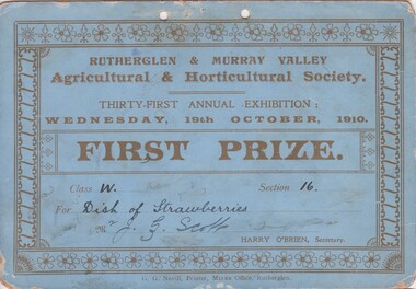 Certificate - Prize Certificate Rutherglen and Murray Valley Agricultural & Horticulture Society, 1910 (Exact)