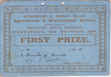 Certificate - Prize Certificate Rutherglen and Murray Valley Agricultural & Horticulture Society, 1910 (Exact)