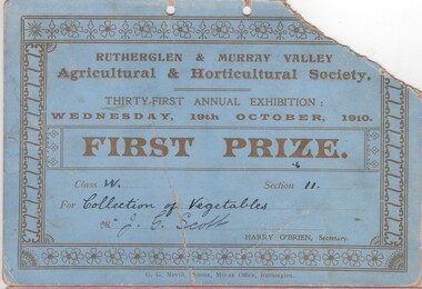 Certificate - Prize Certificate Rutherglen and Murray Valley Agricultural & Horticulture Society, 1910 (Exact)