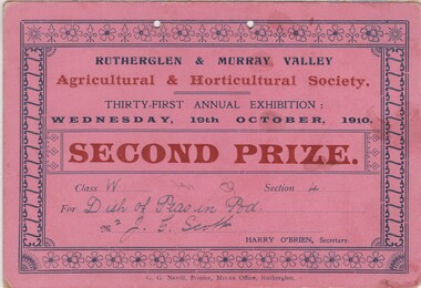 Certificate - Prize Certificate Rutherglen and Murray Valley Agricultural & Horticulture Society, 1910 (Exact)