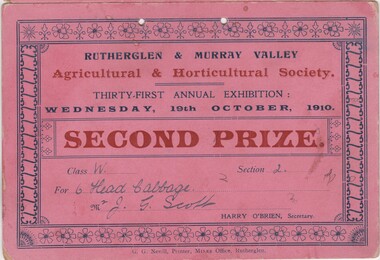 Certificate - Prize Certificate Rutherglen and Murray Valley Agricultural & Horticulture Society, 1910 (Exact)