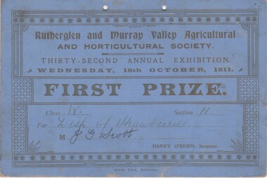 Certificate - Prize Certificate Rutherglen and Murray Valley Agricultural & Horticulture Society, 1911 (Exact)