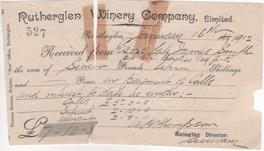 Receipt, Rutherglen Winery Company, Limited. 527, 16/1/1912 (Exact)